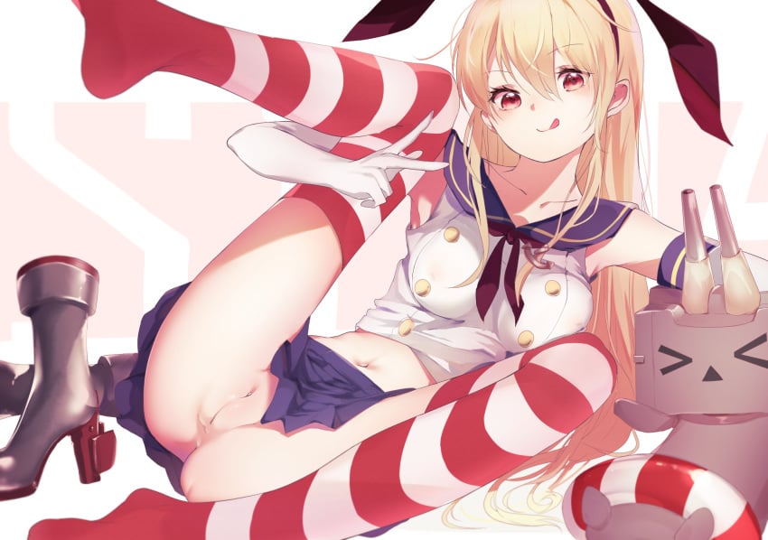 black_hairband blonde_hair blue_skirt breasts crop_top elbow_gloves feet female gloves hair hair_between_eyes hairband highres kantai_collection leg_up licking_lips long_hair looking_at_viewer lying m_legs medium_breasts miniskirt navel no_panties pussy red_eyes rensouhou-chan sailor_collar school_uniform serafuku shimakaze_(kantai_collection) skirt smile solo spread_legs striped striped_legwear suwakana thighhighs tongue tongue_out v white_gloves