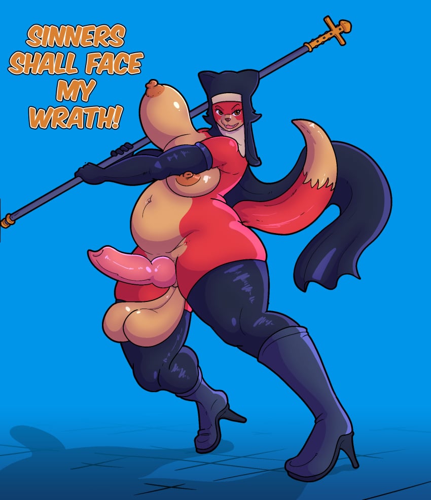 1futa animal_genitalia animal_penis anthro balls ballsack belly big_penis big_testicles blue_background boots canid canine canine_penis crifox crisis-omega cross dangling_testicles elbow_gloves english_text erection footwear fox fur furry futa_only futanari genitals gloves handwear headgear headwear highres huge_breasts huge_testicles knot large_breasts mammal navel nipples nude nun overweight overweight_anthro penis red_body red_fur sagging_balls scrotum simple_background solo solo_male staff tailwag testicles text thick_thighs thighhighs weapon