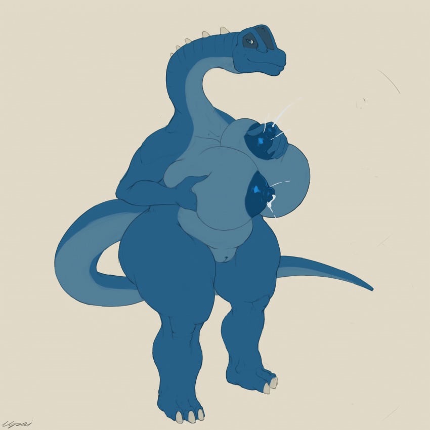 1:1 3_toes 4_fingers animated anthro areola argentinosaurus big_areola big_breasts big_nipples blue_areola blue_body blue_eyes bodily_fluids breast_grab breast_milking breast_squish breasts digital_media_(artwork) dinosaur female fingers hand_on_breast hi_res huge_areolae huge_breasts lactating long_neck milk_drip multicolored_body nipples non-mammal_breasts nude primal_(series) projectile_lactation puffy_nipples reptile sauropod scalie seductive short_playtime signature simple_background solo spikes spikes_(anatomy) squish standing tan_background thick_thighs toes two_tone_body two_tone_tail upai wide_hips