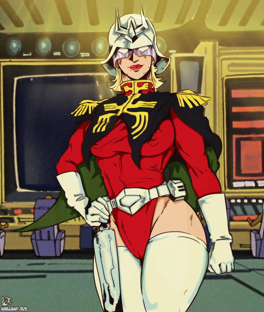 1girls 2020 adoggoart areolae breasts char_aznable curvaceous female genderswap gloves gundam hand_on_hip hard_nipples highleg human leotard light-skinned_female light_skin looking_at_viewer mobile_suit_gundam on_model red_lipstick rule_63 sweatdrop thigh_highs thighhighs wide_hips