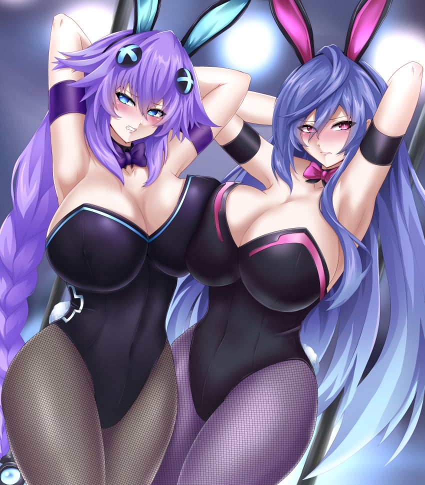 2girls animal_ears armpits arms_up bare_shoulders blue_eyes blue_hair blush braid breast-to-breast breasts bunny_ears bunny_girl bunnysuit clavicle cleavage closed_mouth covered_navel cowboy_shot detached_collar detached_sleeves embarrassed female hair_ornament high_resolution huge_breasts iris_heart long_hair looking_at_viewer multiple_girls neptune_(neptunia) neptunia_(series) open_mouth plutia purple_hair purple_heart_(neptunia) red_eyes ribbon seshiro_(which501) teeth thighs tied_hair twin_braids