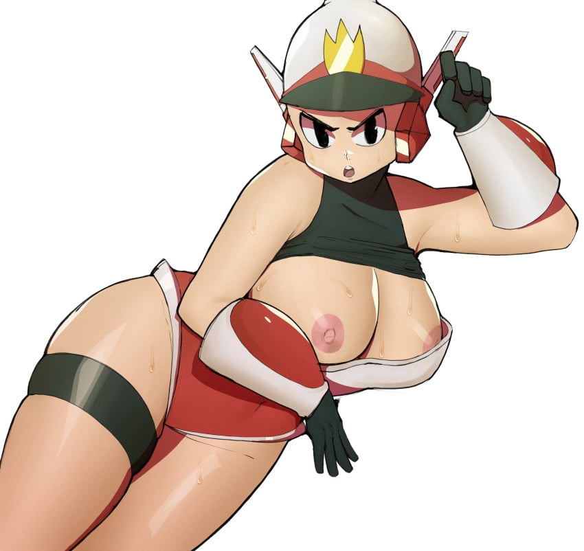 1girls areolae big_breasts breasts doublehero eye_contact female gloves helmet looking_at_viewer mighty_switch_force nipples partially_clothed patricia_wagon shirt_lift thick_thighs thighs wayforward white_background