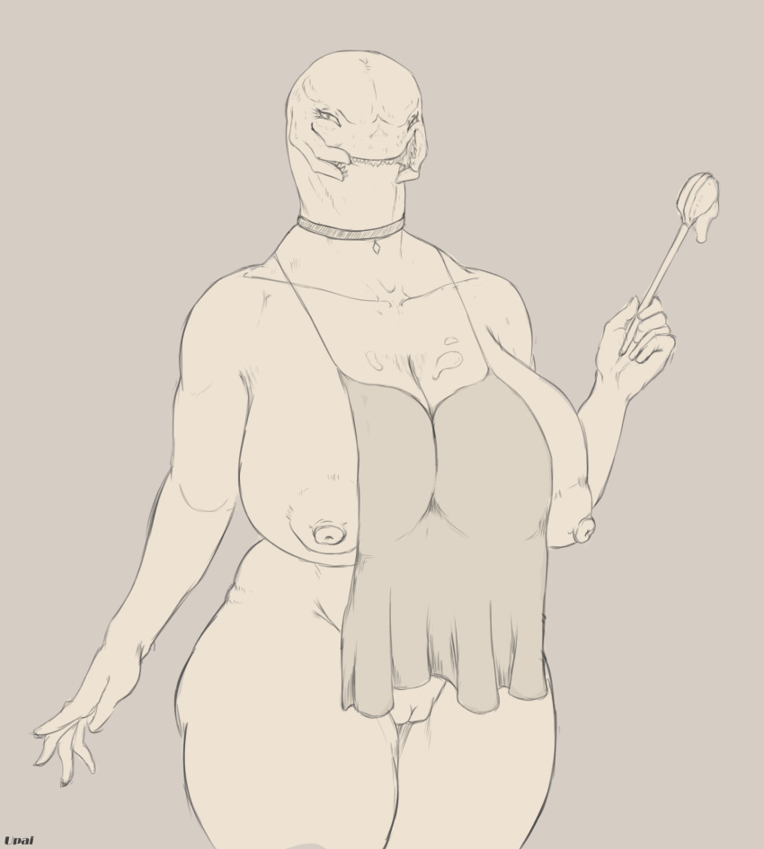 alien anthro apron apron_only areola big_breasts breasts choker clothing female female_sangheili genitals halo halo_(series) hi_res huge_breasts jewelry microsoft monochrome mostly_nude necklace nipples pussy sangheili simple_background solo upai video_games xbox_game_studios