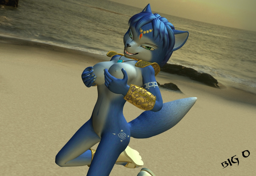 3d anthro beach big_o_(artist) bindi black_nose blue_fur blue_hair breast_grab breasts choker color day female female_only footwear fox fur furry furry_breasts furry_ears furry_tail green_eyes hair jewelry kneeling krystal looking_at_viewer necklace nude open_eyes outdoors pendant pointy_ears short_hair smile solo star_fox tail white_fur