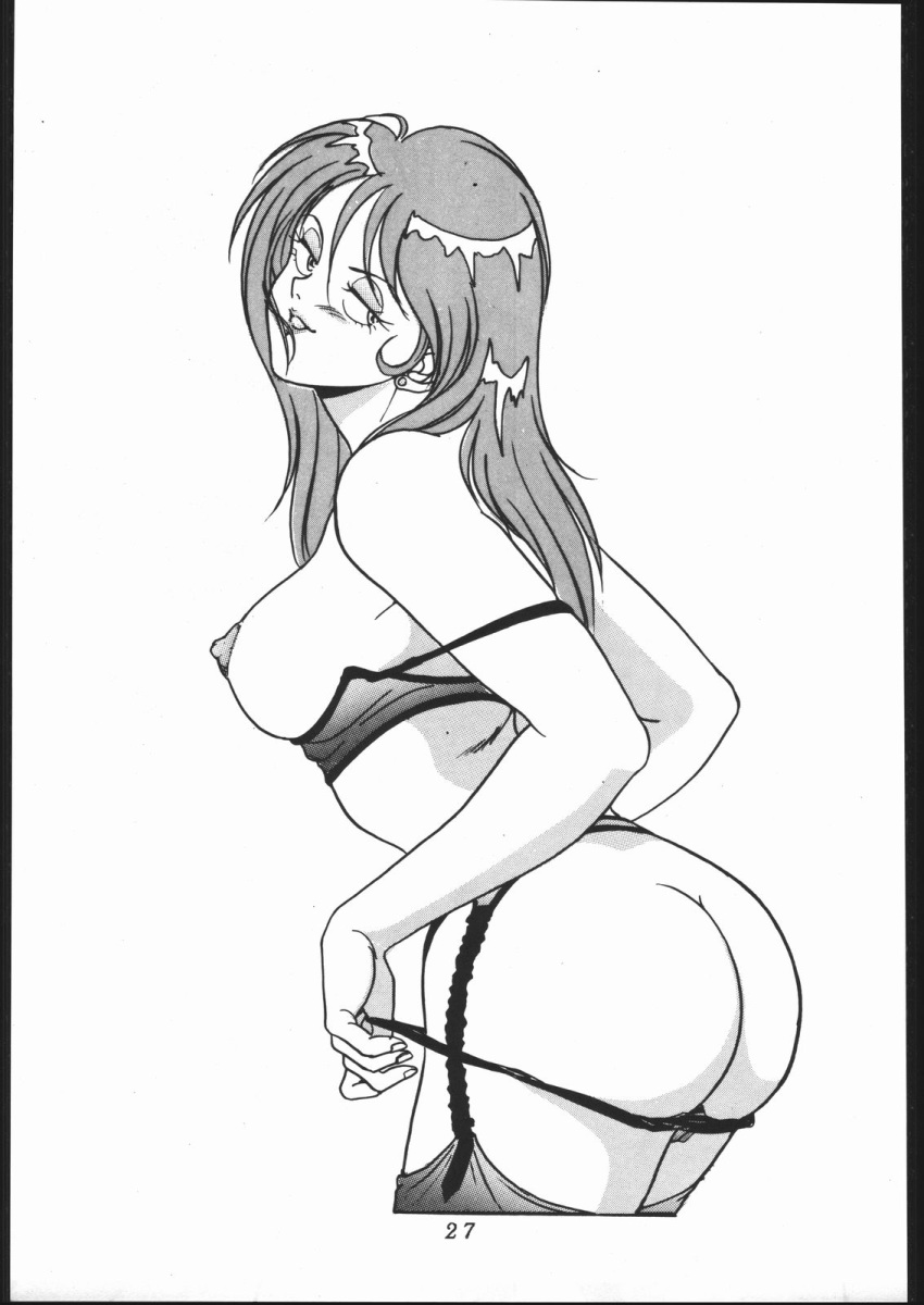 1990s 1991 1girls ass big_breasts bra breasts bubble_butt curvaceous doujinshi earrings female female_only fushigi_no_umi_no_nadia gainax grandis_granva greyscale huge_ass human large_breasts long_hair melon_pan_(artist) monochrome nipples page_27 panties solo straight_hair tagme thick_thighs white_background wide_hips