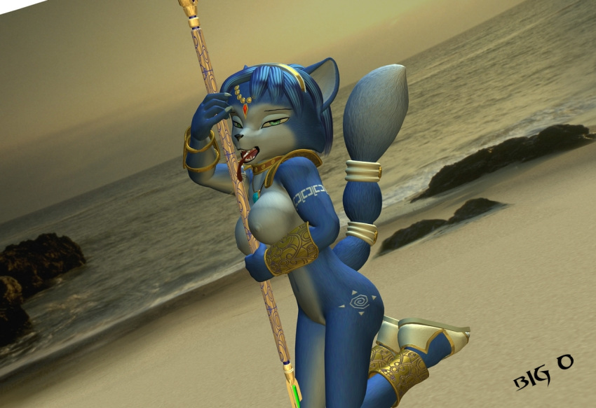 3d 5_fingers anthro beach big_o_(artist) black_nose blue_fur blue_hair breasts choker claws color female female_only footwear fox fur furry furry_breasts furry_ears furry_tail hair kneeling krystal krystal's_staff licking looking_at_viewer necklace open_eyes open_mouth outdoors pointy_ears raised_tail sand short_hair side_view solo staff star_fox tail teal_eyes tongue water white_fur