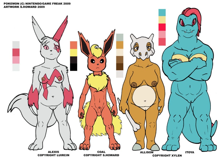 alexis_(luircin) allison_(xylen) anthro cubone eeveelution female flareon itoya_(xylen) luircin pokémon_(species) pokemon pokemon_(species) straight_hair totodile zangoose