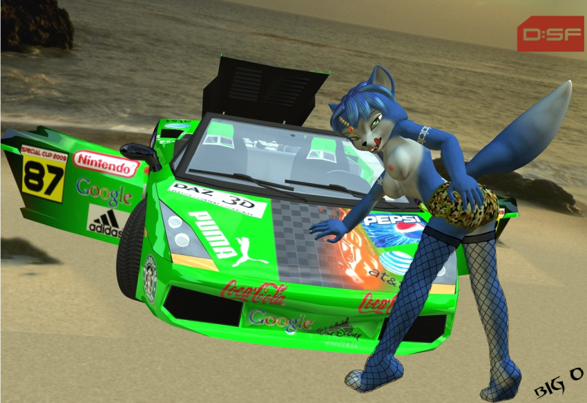 3d anthro beach bent_over big_o_(artist) bindi black_nose blue_fur blue_hair breasts car clothes color day female female_only fox fur furry furry_breasts furry_ears furry_tail green_eyes hair jewelry krystal licking licking_lips looking_back nipples open_eyes outdoors pointy_ears raised_tail sand short_hair solo star_fox tail tongue topless vehicle water white_fur