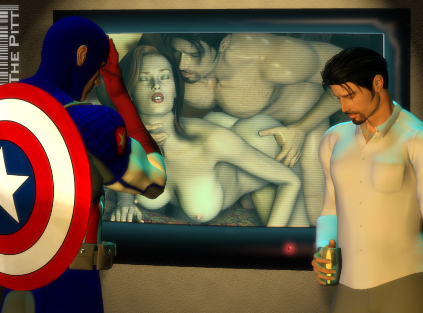 1girls 3d areola avengers black_hair black_widow_(marvel) breasts captain_america captain_america's_shield closed_eyes doggy_style facial_hair female iron_man marvel marvel_comics mask natasha_romanoff nipples nude pecs sex steve_rogers straight straight_hair the_pitt tony_stark ultimates