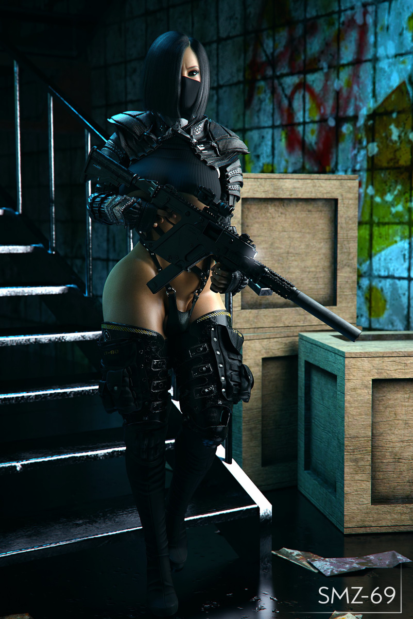 1futa 3d bulge dark_clothing firearm futa_only futanari gun holding_weapon mask nyssa_(smz-69) penis_bulge semi-clothed smz-69 solo solo_futa stairs standing submachine_gun thigh_boots thighhighs weapon