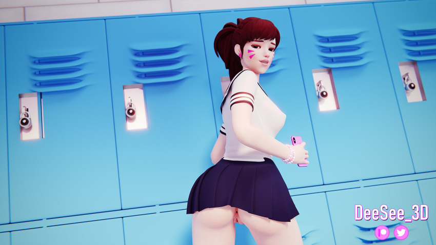 1girls 3d 3d_(artwork) against_locker alternate_costume anus anus_peek asian ass bare_midriff blender blender_(software) blizzard_entertainment breasts brown_eyes brown_hair butt cellphone cute d.va deesee3d egirl eyelashes eyeliner facial_mark facial_markings female fringe hallway inviting_to_sex light_skin locker lockers long_hair looking_back no_panties overwatch pale_skin pink_shoes pink_thighhighs pinup ponytail presenting_ass pussy pussy_peek sailor_uniform school school_girl school_uniform schoolgirl serafuku shoes skinny skirt skirt_up slim teenager thighhighs tied_hair upskirt vagina video_games