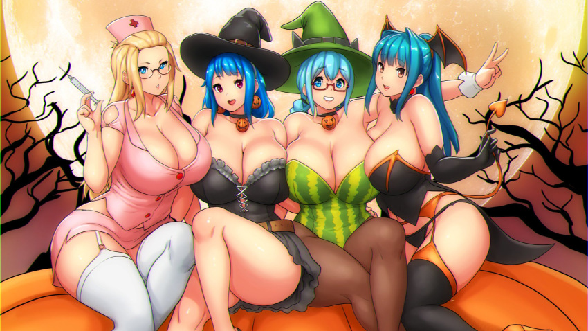 2018 4girls ass big_breasts blonde blue_hair breast breast_on_breasts costume cute demon_girl errorkazoo female halloween huge_breasts inchou_(kaitsuart) inne_sulistya_robin multiple_girls nurse pantyhose ran_(kaitofuuma) rina_atherina_(errorkazoo) succubus thick thick_thighs thighhighs thin_waist unbuttoned unbuttoned_shirt watashi_no_inchou_desu!! wide_hips witch witch_hat