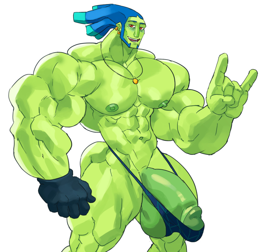 big_balls blue_hair flaccid green_skin huge_biceps huge_cock male_only muscular_male no_straight_roads red_eyes remert solo solo_male speedo thick_penis zuke_(no_straight_roads)