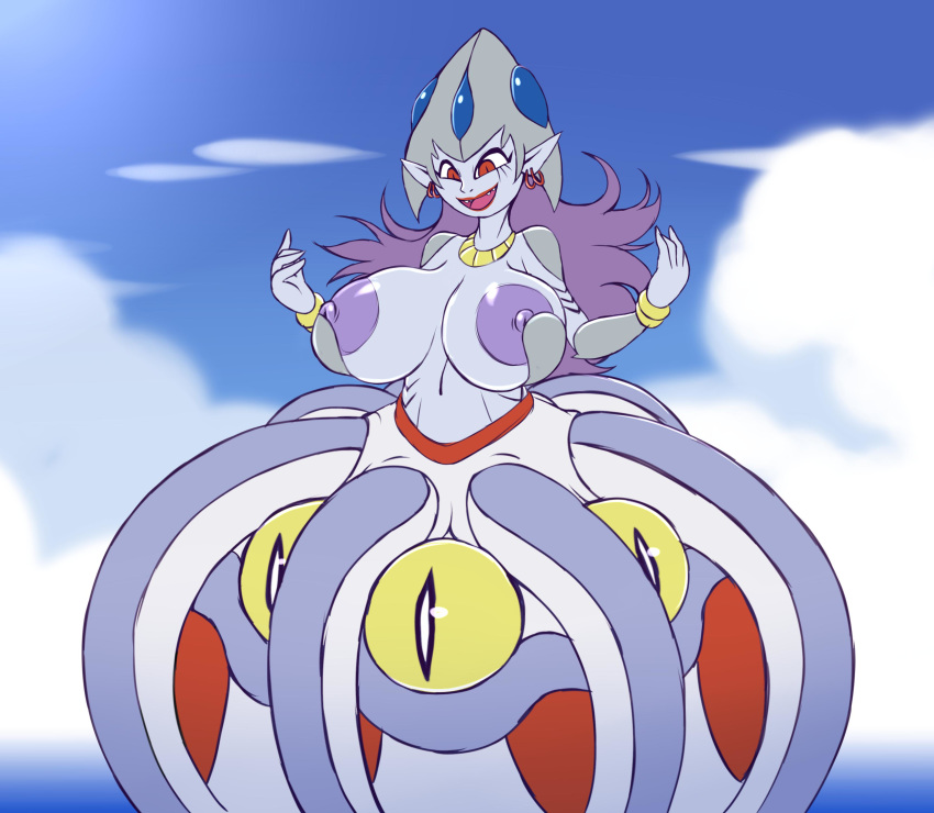 absurd_res animal_humanoid big_breasts blue_body blue_skin bracelet breast_expansion breasts calamaramon calmaramon cephalopod cephalopod_humanoid coleoid decapodiform digimon digimon_(species) ear_piercing expansion female hair hi_res humanoid jewelry marine marine_humanoid metachoke mollusk mollusk_humanoid navel nipples piercing purple_hair purple_nipples red_eyes scylla simple_background solo yellow_eyes