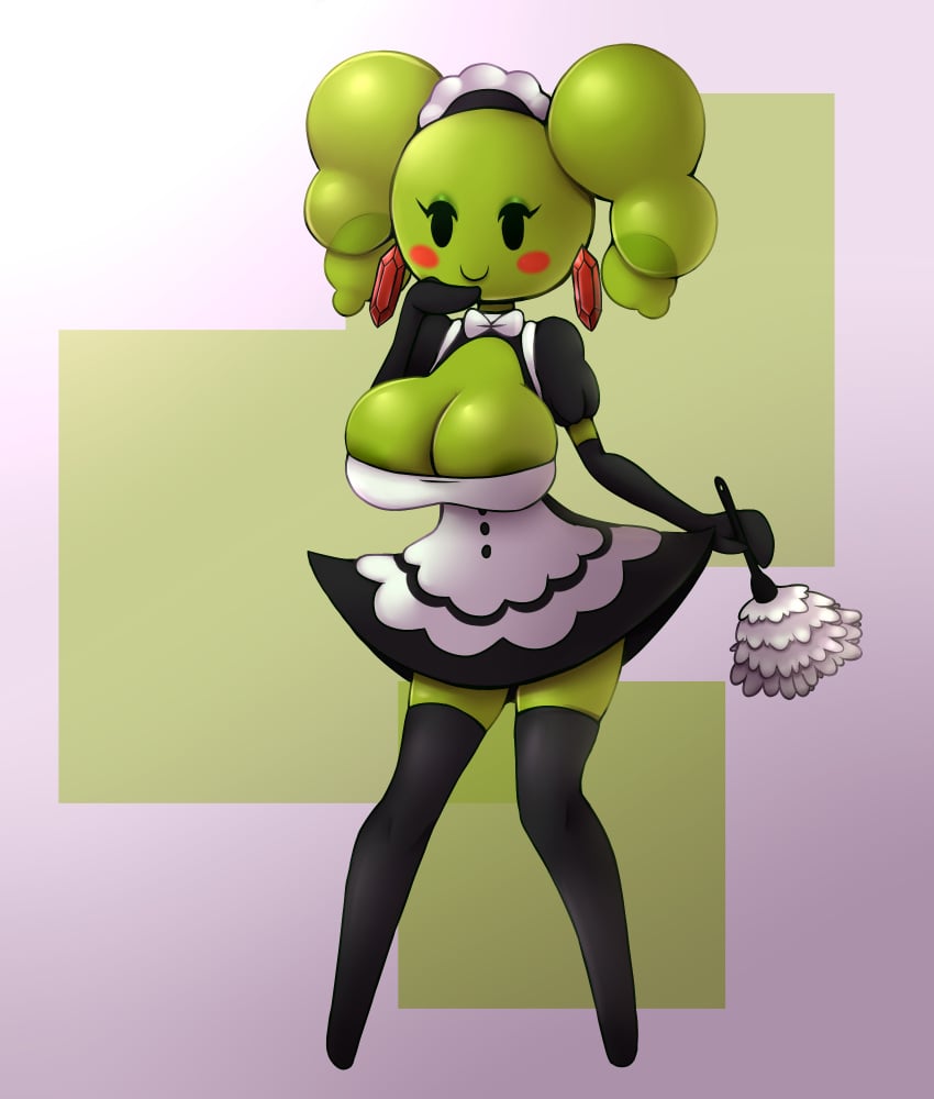 2d big_breasts black_eyes blush breasts breasts_focus clothing ear_piercing ear_ring feather_duster female green-skinned_female green_body green_skin hi_res humanoid legwear maid_uniform mario_(series) metachoke mimi_(super_paper_mario) mob_face nintendo nipples paper_mario piercing stockings super_paper_mario twintails uniform video_games