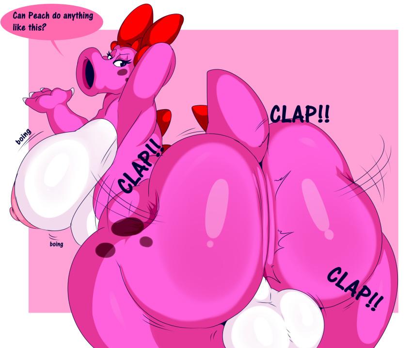 1futa accessory anthro ass ass_focus balls bent_over big_ass big_breasts big_butt bimbo birdo breasts bubble_ass bubble_butt butt_focus claws clothing dat_ass denizen1414 dialogue dinosaur english_text futanari genitals gynomorph hair_accessory hair_ribbon hairbow half-closed_eyes hands_behind_head hi_res huge_ass huge_breasts huge_butt intersex looking_at_viewer looking_back mario_(series) narrowed_eyes nintendo nipples non-mammal_breasts nude pink_body pink_skin presenting presenting_hindquarters rear_view reptile ribbons scalie solo text thick_ass thick_thighs twerking video_games wide_hips