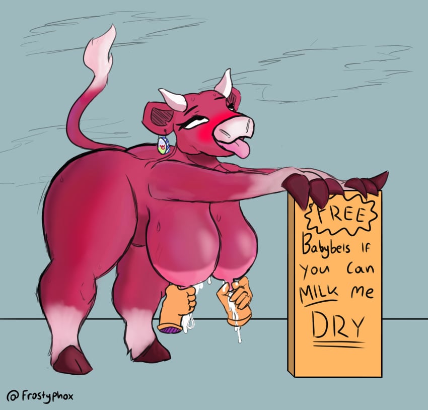 absurd_res ahe_gao anthro bent_over big_breasts blush bodily_fluids bovid bovine breast_milking breasts cattle curvy_figure disembodied_hands ear_piercing ear_ring female fingers frostyphox fur hi_res hooved_fingers hooves horns lactating laughing_cow looking_pleasured mammal multicolored_body multicolored_fur piercing simple_background simple_eyes sketch solo the_laughing_cow tongue tongue_out unfinished