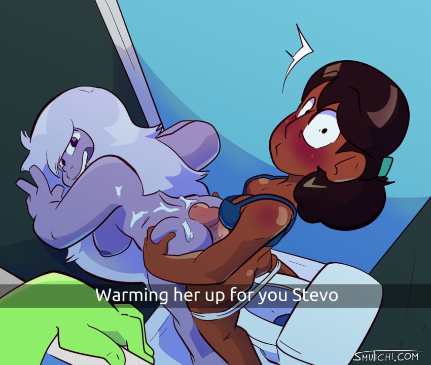 1futa 1girl1futa 2girls age_difference alien alien/human amethyst_(steven_universe) ass ass_grab assjob bathroom bent_over big_breasts blush blushing blushing_profusely bra breasts brown_hair buttjob caption caught caught_in_the_act cheating connie_maheswaran cucked_by_futa cuckold dark-skinned_futanari dark_skin embarrassed english english_text female from_behind futa_on_female futanari gem_(species) green_skin hairclip human interspecies netorare nipples ntr nude older_female open_mouth pants_down peace_sign penis peridot_(steven_universe) purple_body purple_skin recording small_breasts smile smutichi standing standing_doggy_style standing_sex steven_universe straight_hair surprised toilet toilet_stall v white_hair younger_futanari