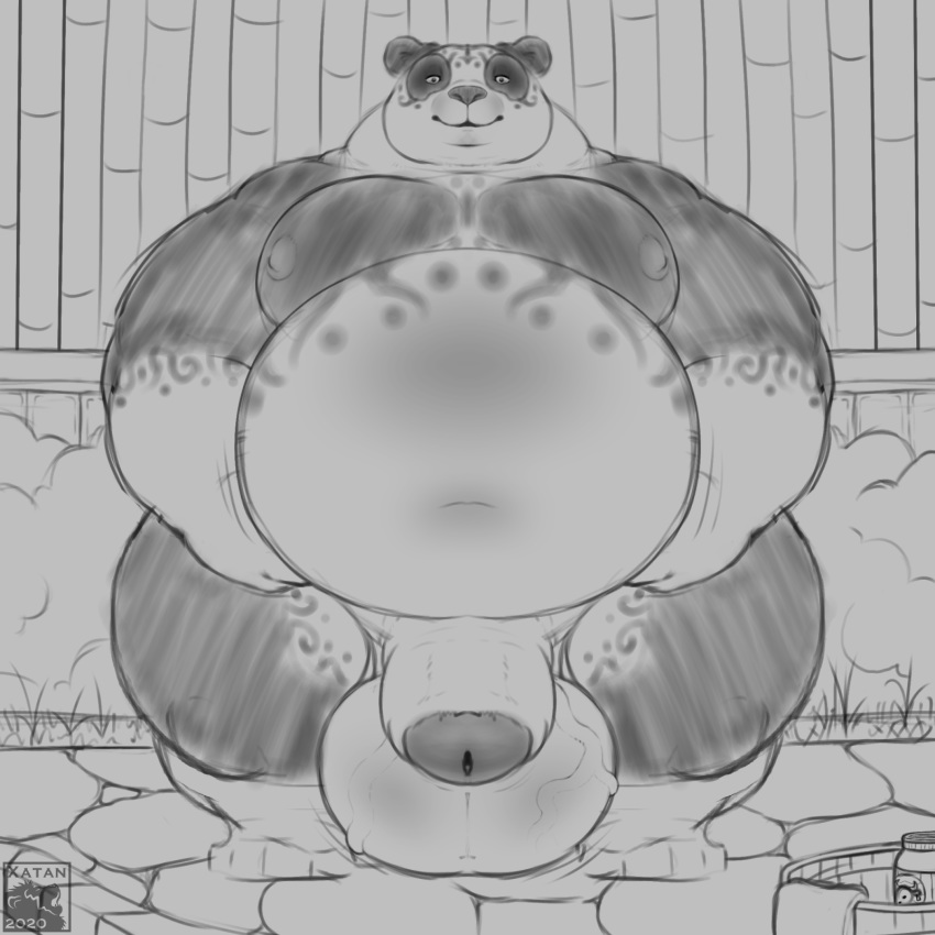 1:1 animal_genitalia anthro balls big_balls chode genitals giant_panda hi_res huge_balls lifting_gut looking_at_viewer male male_only mammal monochrome moobs musclegut muscular muscular_anthro muscular_male overweight overweight_anthro overweight_male penis sheath sketch solo spa thick_penis thick_thighs ursid xatanlion