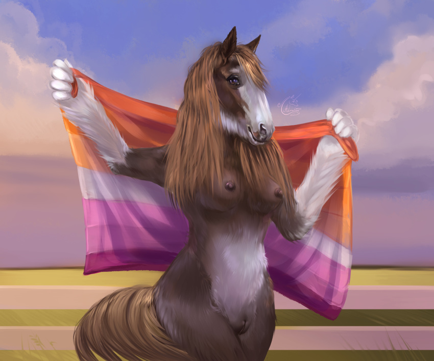 1girls absurd_res almatea anthro anthro_only breasts equid equine female field flag fluffy genitals hair hi_res horse lesbian lesbian_pride_colors lgbt_pride mammal nature pride_colors pussy sky solo yuri