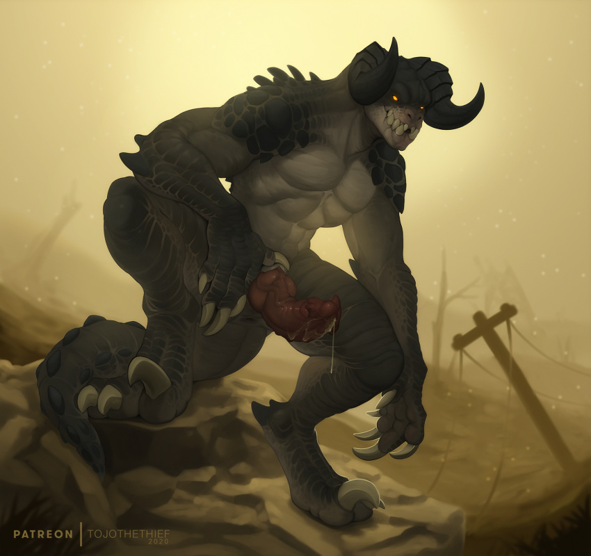 abs amber_eyes animal_genitalia animal_penis anthro anus bethesda_softworks bodily_fluids conditional_dnp deathclaw detailed_background fallout genital_fluids genitals glowing glowing_eyes hi_res horn knot looking_at_viewer male male_only male_solo muscular muscular_anthro muscular_male penis precum precum_string scales scalie solo standing talons tojo_the_thief video_games