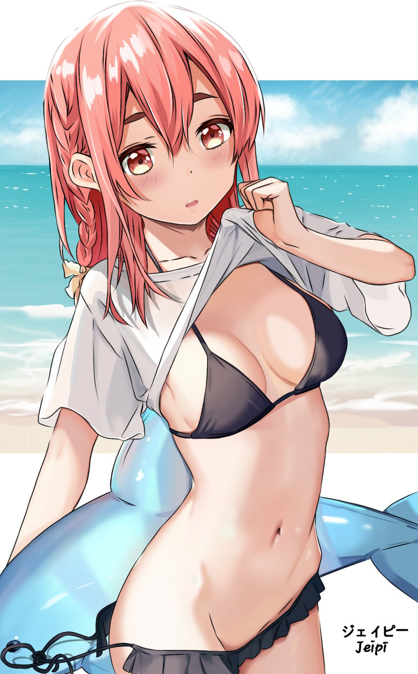 1girls 2d beach bikini black_bikini black_swimsuit blush braid breasts eyebrows female frilled_bikini frills hair_ornament hair_ribbon half-closed_eyes high_resolution jeipi kanojo_okarishimasu lifted_by_self medium_breasts navel ocean open_mouth outdoors pink_eyes pink_hair red_eyes red_hair ribbon sakurasawa_sumi shirt shirt_lift short_sleeves sideboob solo solo_female stomach string_bikini swimsuit thick_eyebrows tied_hair wardrobe_malfunction water white_shirt