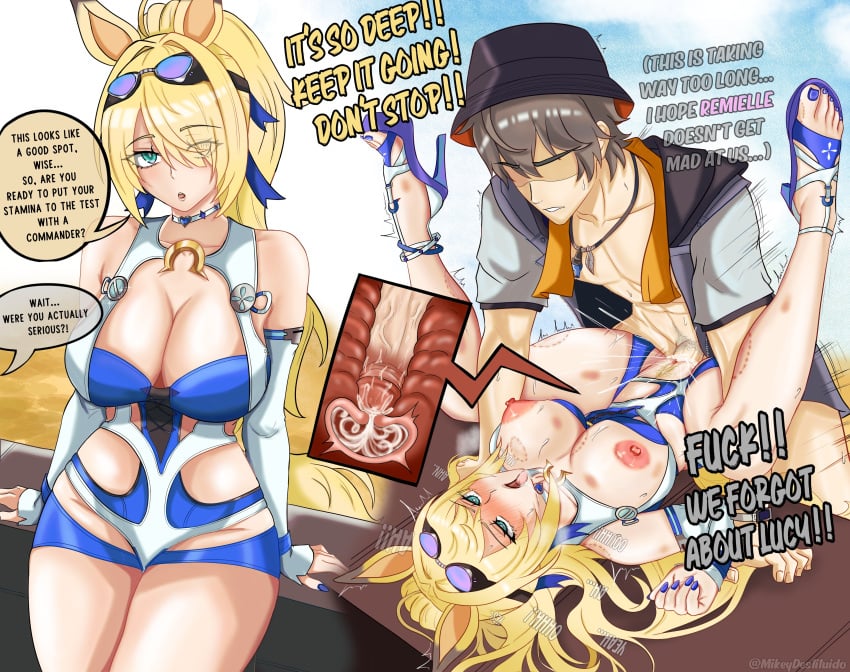 1boy 1girl absurdres ahegao animal_ears beach bite_mark bite_mark_on_breast bite_mark_on_leg blonde_hair blue_eyes blue_nails blush breasts bucket_hat cleavage colored_nails commentary cum cum_in_pussy english_commentary english_text feet female_pubic_hair goggles goggles_on_head hat high_heels highres horse_girl legs mikeydestituido motion_lines nail_polish nipples official_alternate_costume painted_nails painted_toenails penis pubic_hair pussy sex sigrid_de_l'azur sigrid_de_l'azur_(majestic_wavechaser) thighs toenail_polish toenails toes tongue tongue_out two-tone_one-piece_swimsuit vaginal view_between_legs wise_(peaceful_waves)_(zenless_zone_zero) wise_(zenless_zone_zero) x-ray zenless_zone_zero