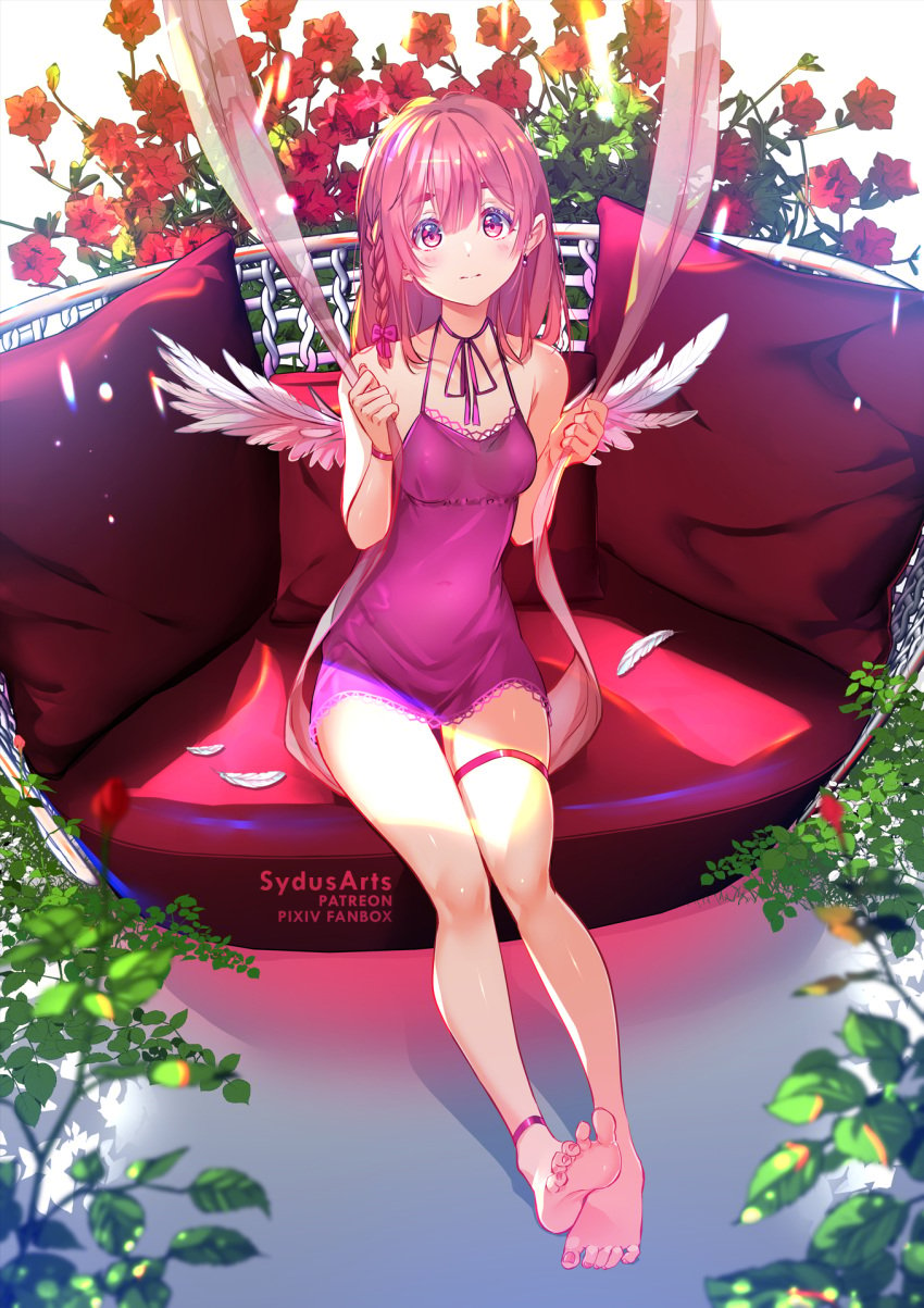 angel_wings artist_name bare_legs bare_shoulders barefoot blurry blush bow braid breasts clavicle closed_mouth covered_navel cushion depth_of_field dress feathered_wings feet female female flower full_body hair_ornament hairbow high_resolution jewelry kanojo_okarishimasu legs light_frown long_hair looking_at_viewer nail_polish neck_ribbon plant purple_bow purple_dress purple_eyes purple_hair purple_nails purple_neckwear purple_ribbon red_flower ribbon sakurasawa_sumi short_dress side_braid single_earring sitting sleeveless sleeveless_dress small_breasts soles solo sydus thigh_gap thigh_strap tied_hair toenail_polish toes white_wings wings wristband