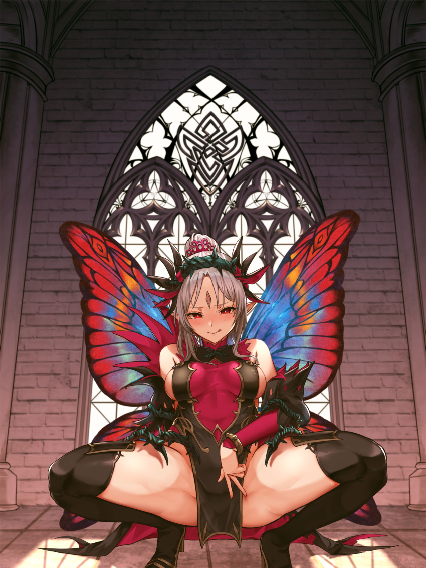 :q absurdres amiba_(nerdamiba) boots fairy_wings female fire_emblem fire_emblem_heroes grey_hair heart heart-shaped_pupils highres licking_lips long_hair naughty_face nintendo plumeria_(fire_emblem) pointy_ears ponytail red_eyes seductive seductive_smile solo spread_legs squatting symbol-shaped_pupils thigh_boots thighhighs tongue tongue_out wings