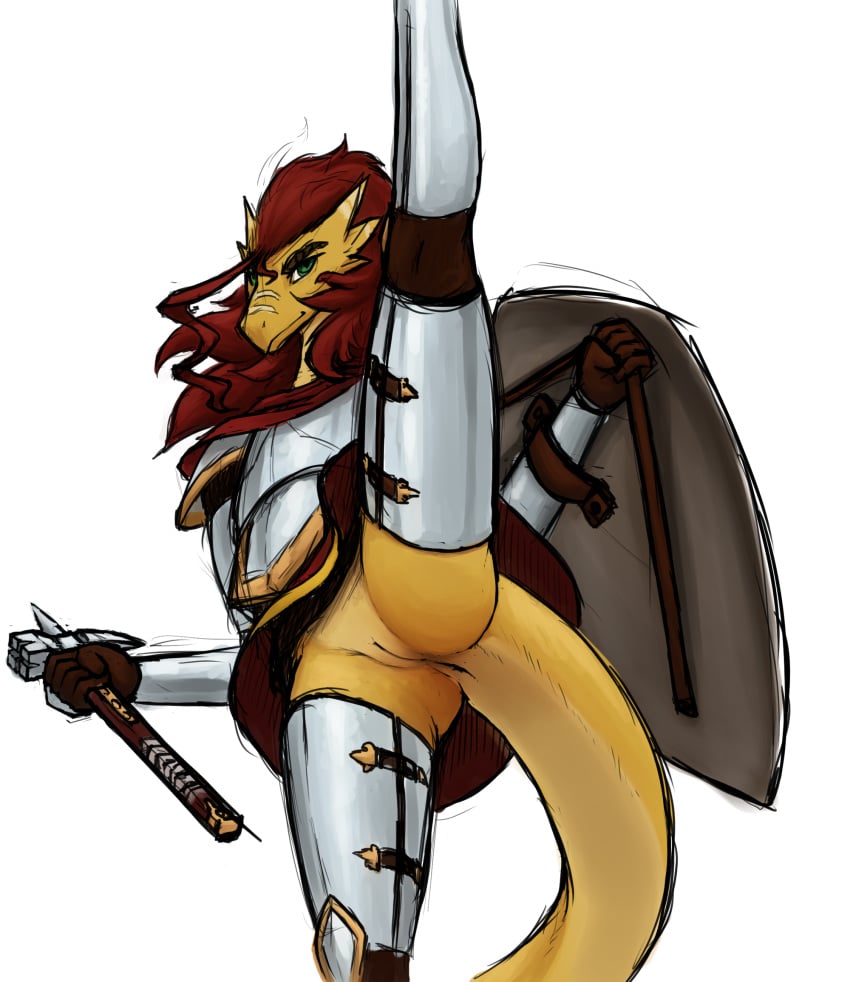 anearbyanimal anthro anus armor bottomwear clothing dragonborn female genitals green_eyes hair hammer hi_res high_kick kick meme pauldron phyfyrie_kiln pussy red_hair shield skirt solo splits thick_tail tools upskirt vertical_splits weapon