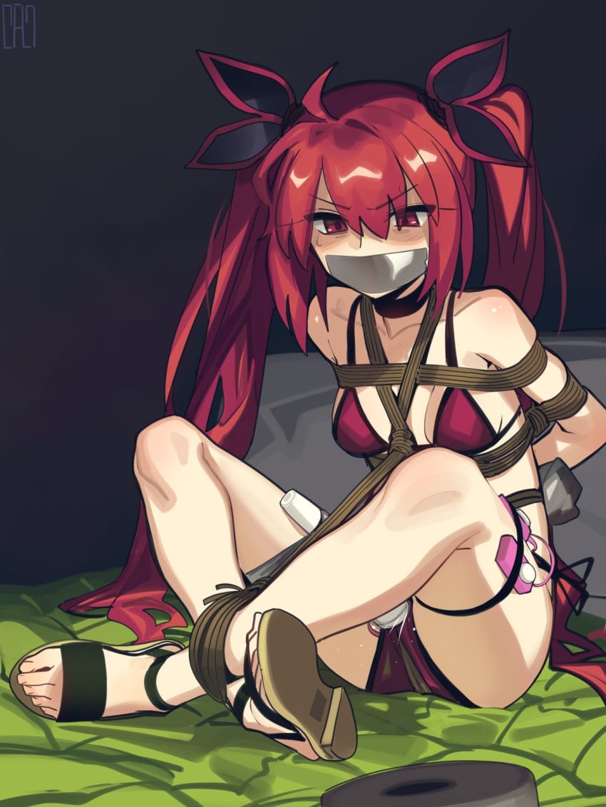 1girl arms_behind_back bdsm bikini bondage bound breasts cad_(caddo) character_request collarbone copyright_request crotch_rope date_a_live flip-flops gag gagged highres hitachi_magic_wand improvised_gag itsuka_kotori long_hair medium_breasts red_bikini red_eyes red_hair sandals sex_toy shibari skindentation solo swimsuit tape tape_gag twintails very_long_hair vibrator
