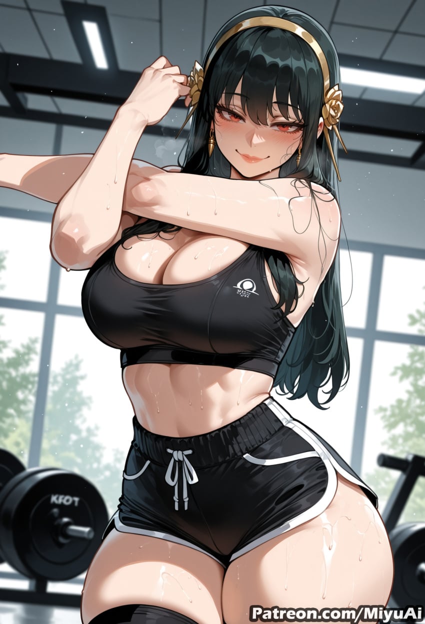 yor_briar mature_female milf plump spy_x_family miyuai ai_generated ai_assisted thick_thighs thick_ass thick thick_legs thick_hips thick_butt wide_hips wide_thighs voluptuous voluptuous_female curvy curvy_figure curvaceous curvy_female female breasts 1girl black_hair sweat long_hair shorts thighhighs hair_ornament bangs rating:safe blush cleavage smile looking_at_viewer red_eyes hairband black_legwear large_breasts solo dolphin_shorts sports_bra indoors black_shorts bare_shoulders short_shorts earrings eyebrows_visible_through_hair thighs half-closed_eyes huge_breasts skindentation armpits closed_mouth