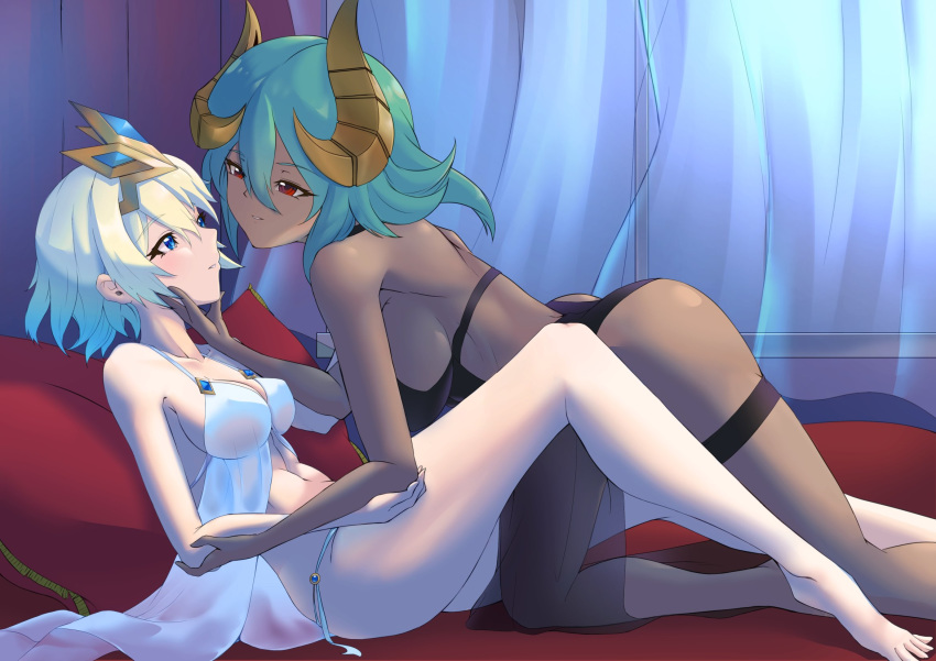 2girls barefoot bed blonde_hair blue_eyes breasts curtains dark_skin deekei fake_horns fire_emblem fire_emblem_heroes fjorm_(fire_emblem) from_side green_hair highres horns laegjarn_(fire_emblem) laegjarn_(summer)_(fire_emblem) lingerie multiple_girls nintendo pillow red_eyes see-through short_hair underwear veil window yuri