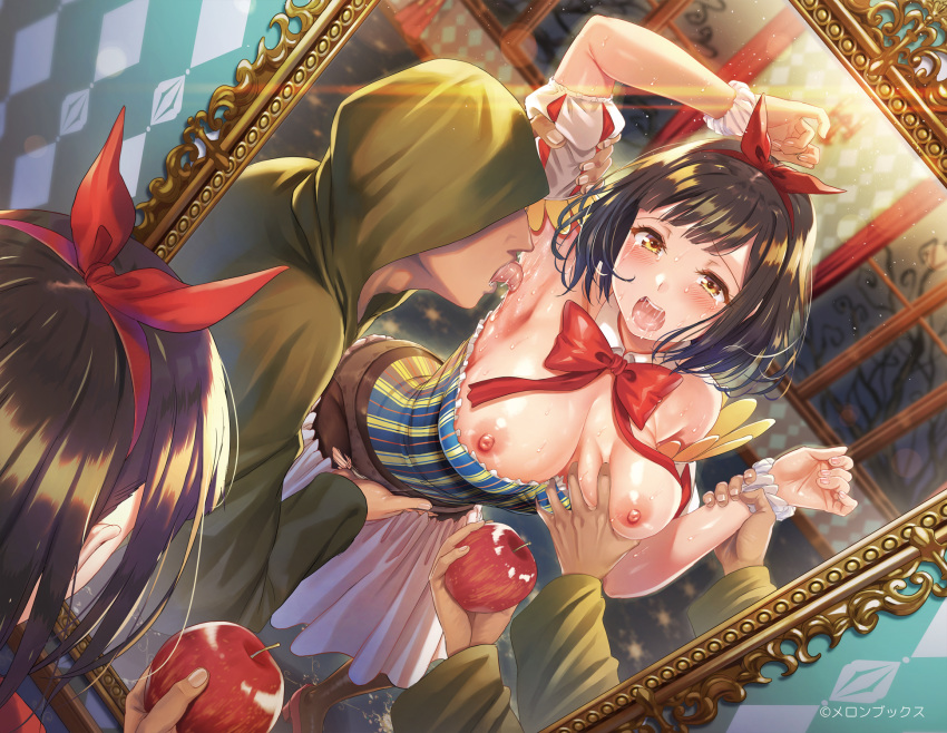 1girls apple arm_above_head arm_grab armpit_licking armpits blushing breast_grab breast_squeeze breasts brown_hair crying_with_eyes_open exposed_breasts fairy_tales frottage frottage_through_clothing grimms'_fairy_tales hand_on_arm hand_on_wrist hooded_cloak kichiroku magic_mirror mirror multiple_males neck_bow nipples open_mouth panties pantyhose reflection restrained rubbing shirt_down short_hair snow_white_(fairy_tales) snow_white_(grimm) wrist_grab yellow_eyes