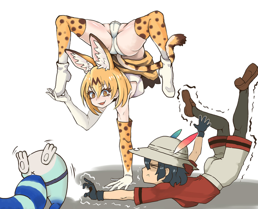 animal_humanoid anus ass black_hair camel_toe clothing duo felid felid_humanoid feline feline_humanoid female footwear gloves hair handstand handwear hat headgear headwear human humanoid kaban_(kemono_friends) kemono_friends legwear lucky_beast_(kemono_friends) machine mammal mammal_humanoid multi_ear orange_eyes panties robot sd1988122 serval serval_(kemono_friends) serval_humanoid shoes simple_background skirt_down smile stretching thigh_highs underwear x_anus