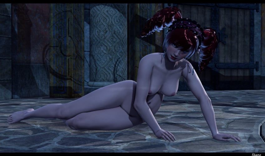 3d amy_sorel barefoot blush drill_hair honey_select looking_at_viewer nipples nude red_eyes red_hair shanodeshano soul_calibur studio_neo