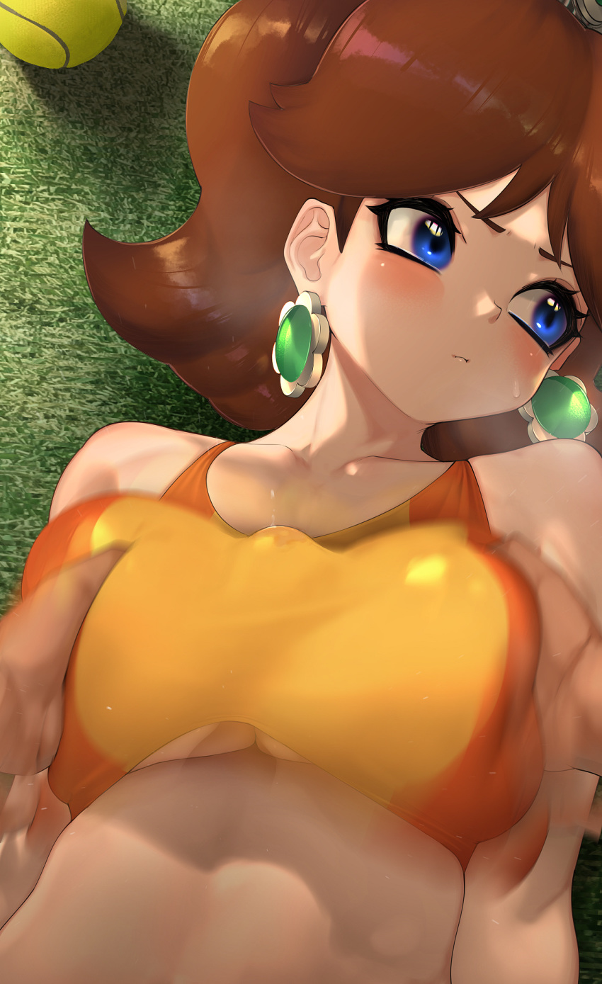 1boy 1girls bare_shoulders big_breasts blue_eyes blush bra breast_focus breasts busty earrings female hizake huge_breasts invisible_penis kashu_(hizake) large_breasts mario_(series) mario_tennis motion_blur nintendo outercourse paizuri paizuri_under_clothes princess_daisy royalty sex short_hair sports_bra sportswear tennis_ball tomboy unseen_male_face video_games