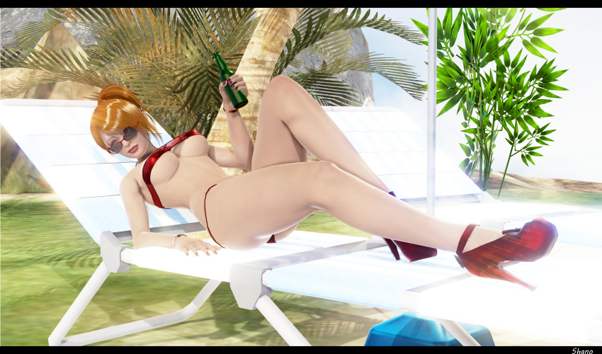 alcohol beach big_breasts bikini blue_eyes heels honey_select looking_over_eyewear looking_over_glasses oc red_hair red_lipstick shanodeshano studio_neo sunglasses tinted_eyewear underboob