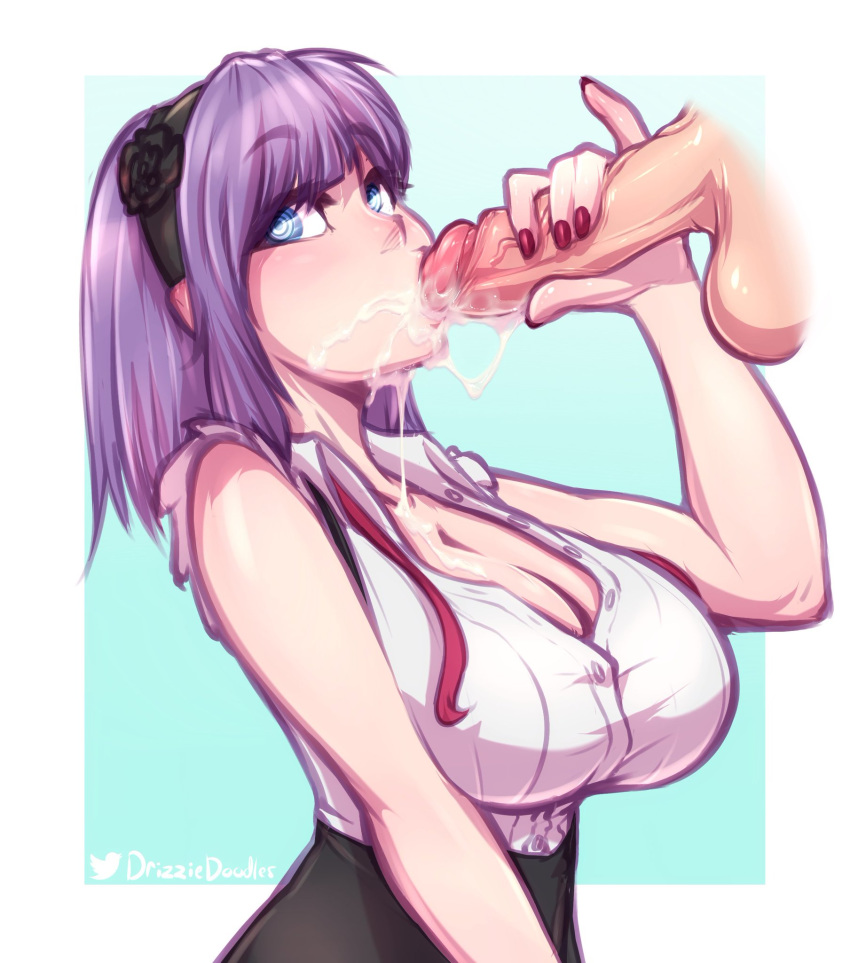 1boy 1girls balls big_breasts busty cleavage clothed clothing cum cum_in_mouth cum_inside cum_on_face dagashi_kashi disembodied_penis drizziedoodles duo fellatio female male penis purple_hair sex shidare_hotaru short_hair testicles unbuttoned