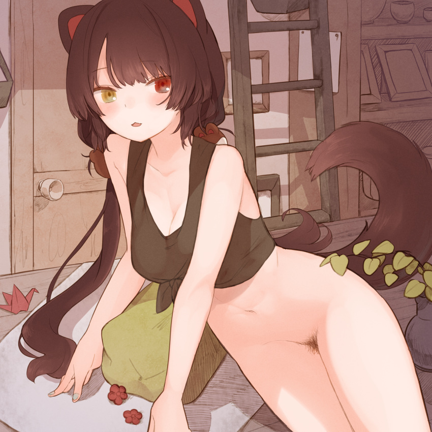 animal_ears arm_support bangs bare_arms bare_shoulders blush bottomless breasts brown_hair collarbone crop_top dog_ears dog_girl dog_tail door eyebrows_visible_through_hair female flesh_fang heterochromia highres indoors inui_toko ladder leaning_to_the_side long_hair looking_at_viewer low_twintails medium_breasts miyako_(naotsugu) navel nijisanji parted_lips pillow pubic_hair red_eyes shelf sitting sitting_on_table skin_fang sleeveless smile solo stomach tail tank_top thighs twintails vase very_long_hair virtual_youtuber yellow_eyes