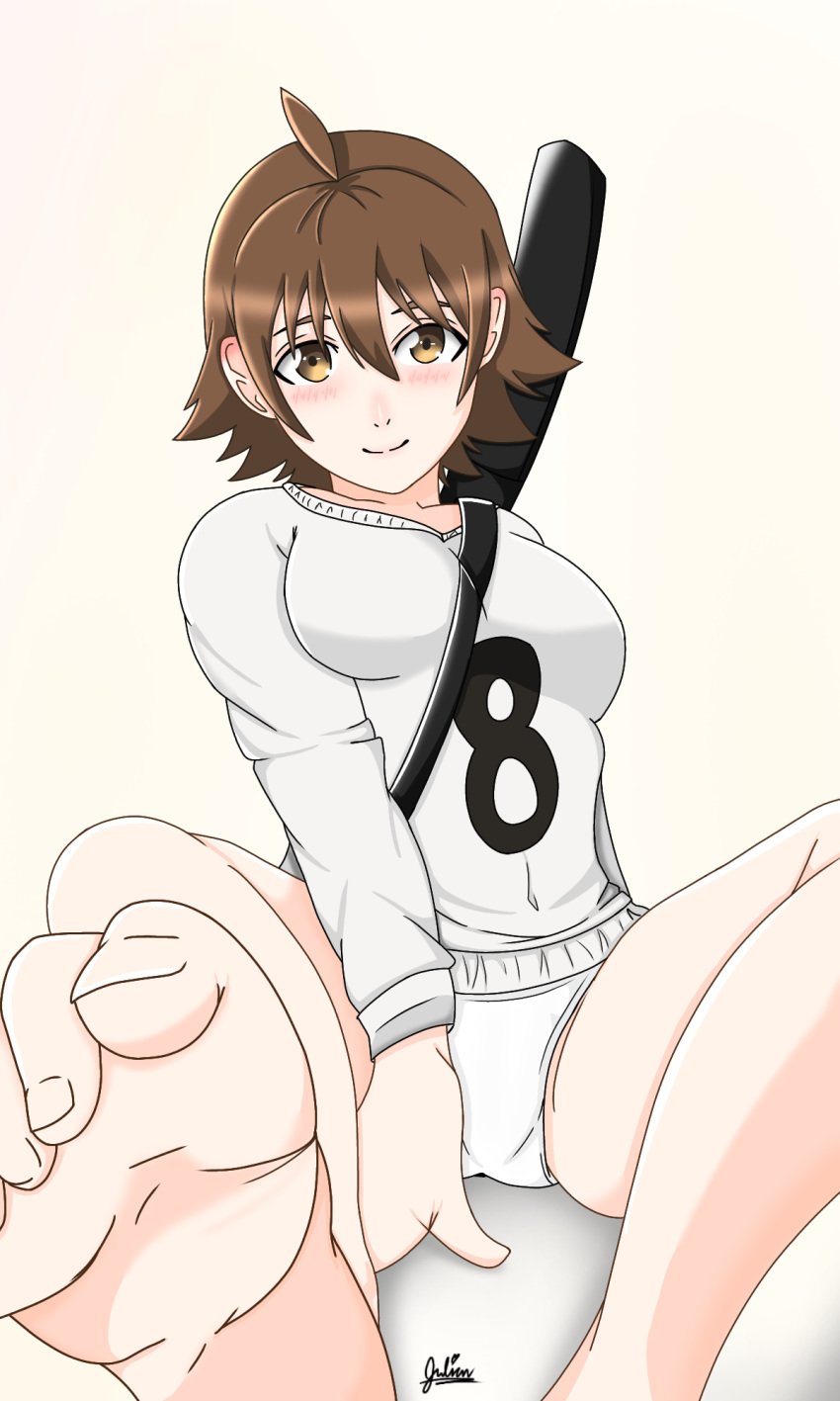 blush breasts brown_eyes brown_hair clothed feet female foot_fetish kurakusenpai large_breasts looking_at_viewer mira_yoo panties shirt smile strap_between_breasts the_god_of_highschool thighs watermark white_background white_panties