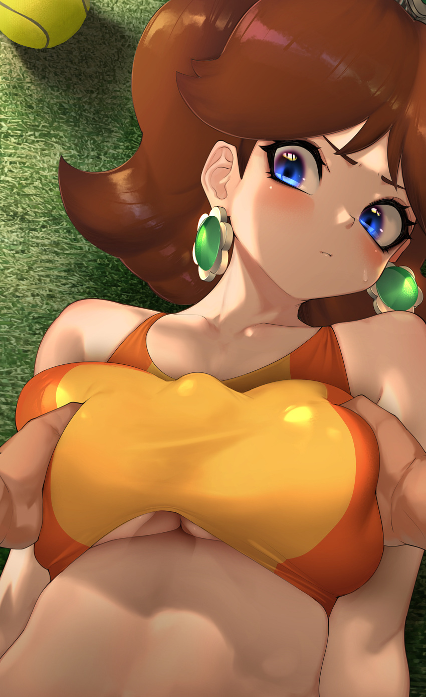 1girls blue_eyes bra breast_focus breast_grab busty earrings female hizake huge_breasts kashu_(hizake) large_breasts mario_(series) mario_tennis nintendo offscreen_character paizuri paizuri_under_clothes princess_daisy royalty sports_bra sportswear tennis_ball tomboy unknown_male unseen_male_face video_games