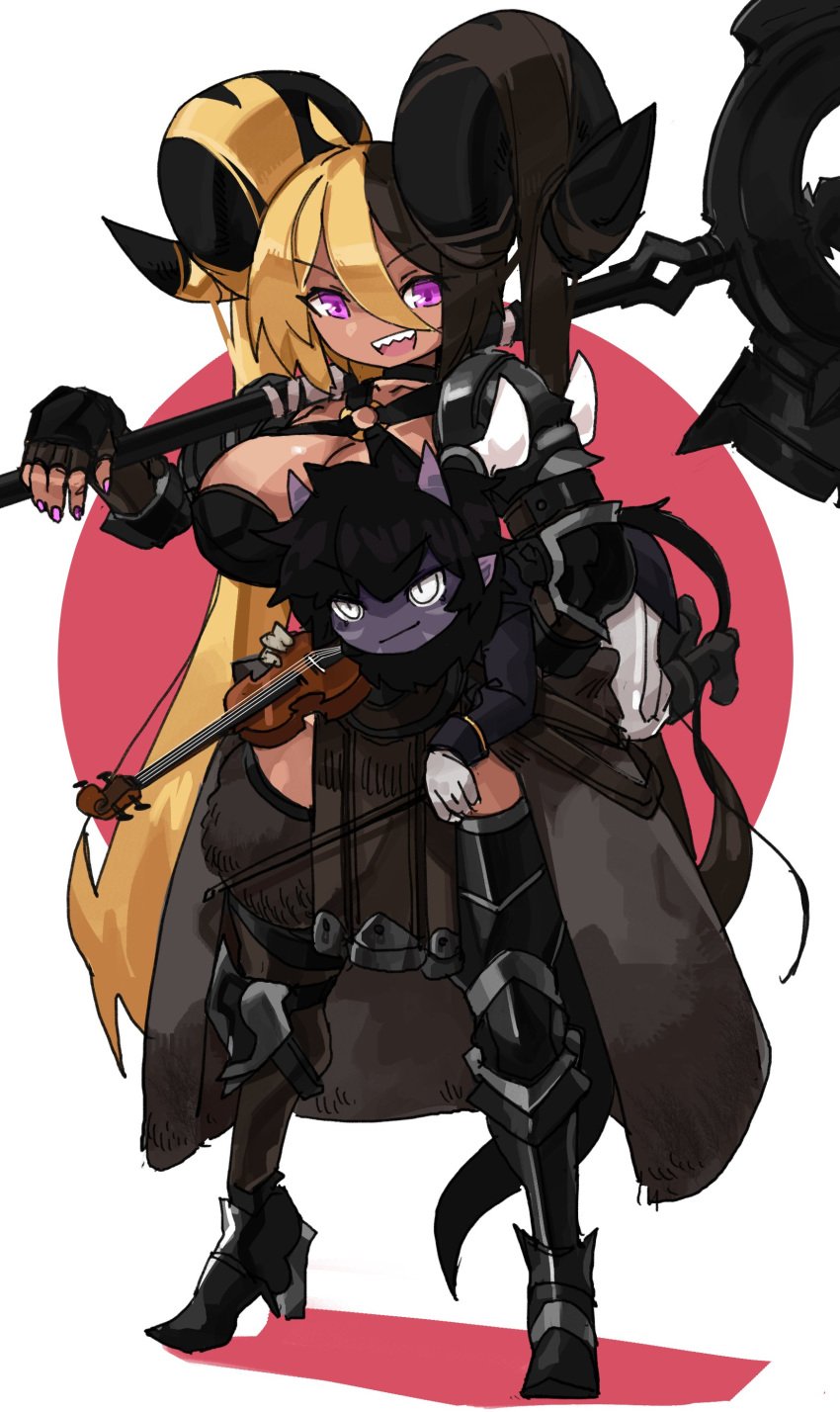 1boy 1girls ahoge aife_(zanamaoria) armor axe big_breasts black_hair blonde_hair choker clothing curved_horn hair_on_horn holding_person horns long_hair looking_at_viewer open_mouth original pink_eyes pink_nails pointy_ears purple_skin sharp_teeth slit_pupils succubus tail tan_skin two_tone_hair very_high_resolution violin weapon_over_shoulder white_background white_eyes zanamaoria