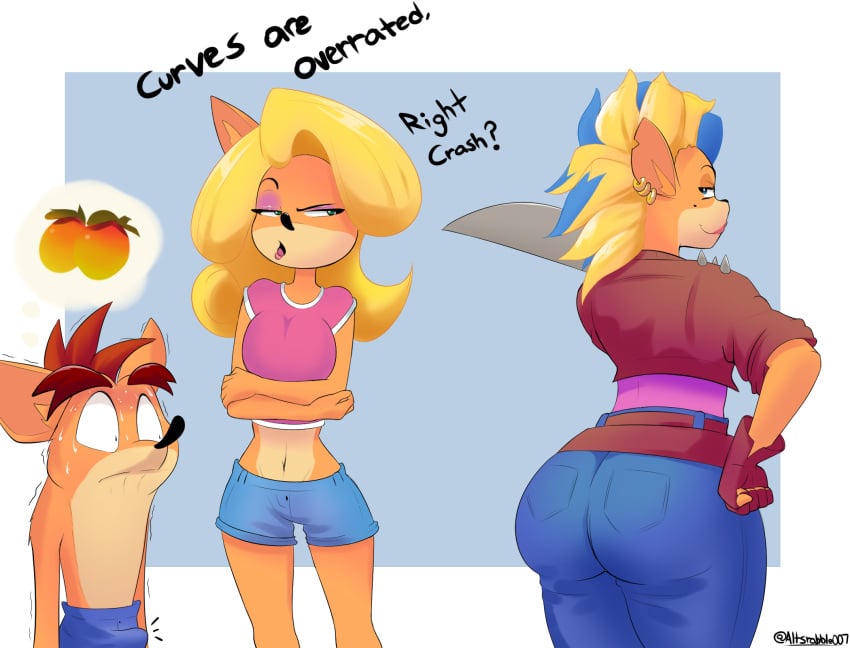 1boy 2020 2girls activision angry anthro ass ass_awe ass_envy bandicoot becoming_erect big_ass big_butt black_nose blade blonde_hair bodily_fluids breasts clothed clothing counterpart crash_(series) crash_bandicoot crash_bandicoot_4:_it's_about_time crossed_arms curvy curvy_body curvy_female curvy_figure curvy_hips dat_ass dialogue ear_piercing earring earrings english_text erect_penis erection erection_under_clothes female fingerless_gloves fruit gloves group hair hand_on_hip hi_res huge_ass huge_butt jacket jealous looking_at_ass male mammal marsupial mole mole_under_eye pierced_ear piercing pirate_tawna raised_eyebrow scrabble007 seductive short spiked_clothing spiked_jacket square_crossover sweat tawna_bandicoot tawna_bandicoot_(crash_4) tenting text thick_ass thick_eyebrows thick_thighs thought_bubble trio video_games wide_hips wumpa_fruit