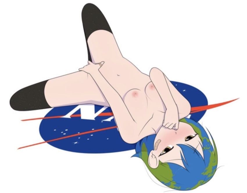 bandage blue_hair blush earth-chan female_masturbation furrgroup masturbating masturbation solo_female thighhighs