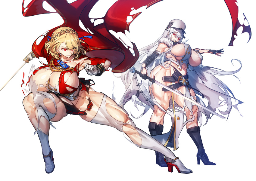 2girls azur_lane blonde_hair boots female female_only huge_ass huge_breasts long_hair melon22 muscular muscular_female prince_of_wales_(azur_lane) red_eyes ripped_stockings short_hair simple_background sovetskaya_rossiya_(azur_lane) stockings sword thick_thighs torn_clothes torn_clothing white_background white_hair white_legwear