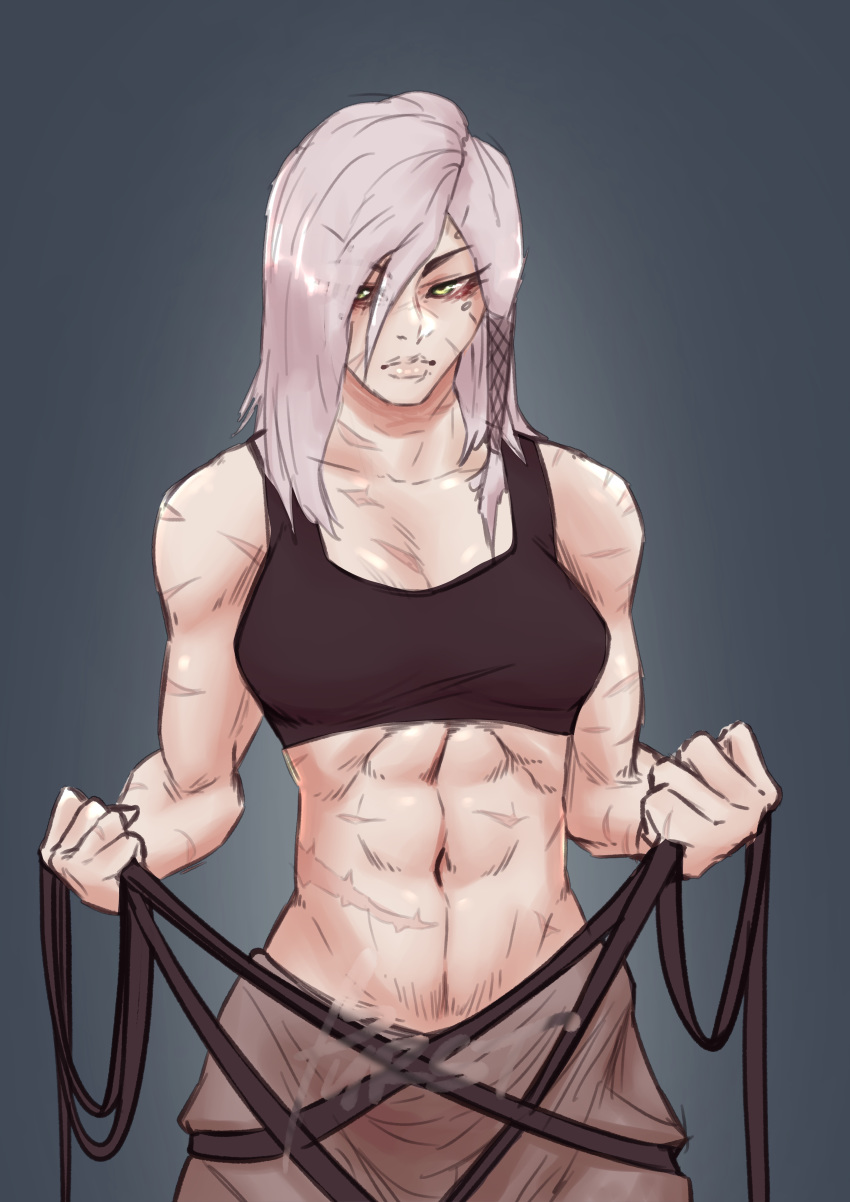 abs artist_signature burstling eve female female_focus green_eyes human muscles muscular muscular_female pinup scars solo_female white_hair white_skin