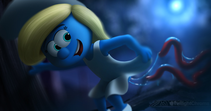 256:135 4k absurd_res blonde_hair blue_body blue_skin bodily_fluids clothing digital_media_(artwork) female hair hat headgear headwear hi_res humanoid open_mouth smile smurf smurfette solo the_smurfs twilightchroma