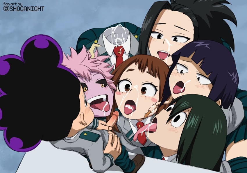 1boy 6girls accurate_art_style black_eyes black_hair blush brown_eyes brown_hair cum cum_in_mouth cum_on_face cum_on_tongue cumshot facial female green_hair hagakure_tooru_(invisible) horns kyoka_jiro looking_down looking_up male mina_ashido minoru_mineta momo_yaoyorozu my_hero_academia ochako_uraraka open_mouth penis pink_hair pink_skin purple_hair school_uniform shoganight shounen_jump small_penis small_penis_adoration straight teenager tongue tongue_out tooru_hagakure tooru_hagakure_(invisible) tsuyu_asui u.a._school_uniform yellow_eyes