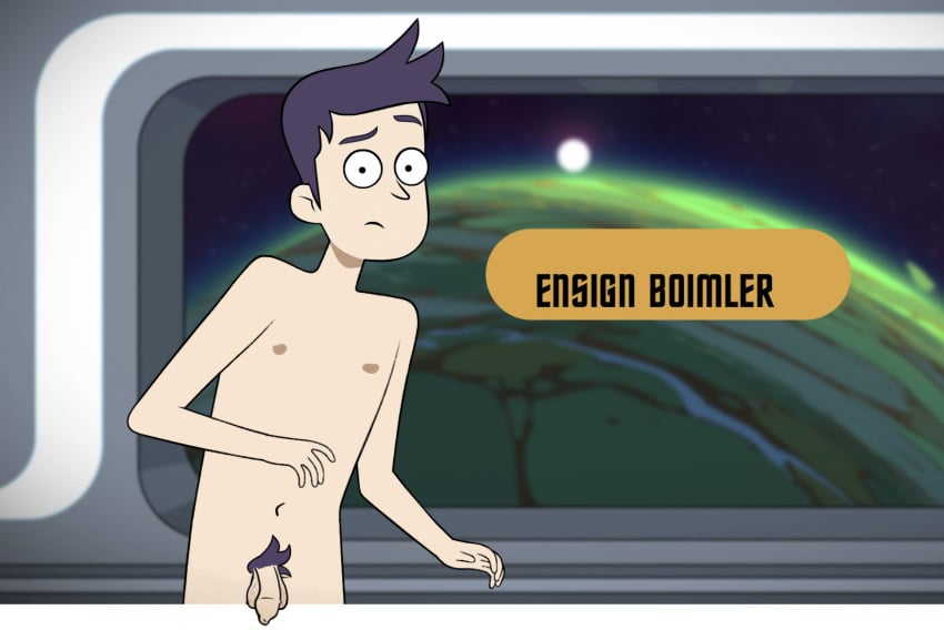 bradward_boimler character_name edit edited english_text flaccid flaccid_penis human looking_at_viewer male male_nipples male_only nipples nude pale_skin penis pubic_hair purple_hair purple_pubic_hair screenshot_edit solo space spaceship spaceship_interior star_trek star_trek_lower_decks text uncircumcised window